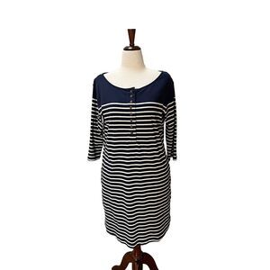 Navy Blue/White Striped Knee Length Dress with Pockets - Nautical Cotton Large